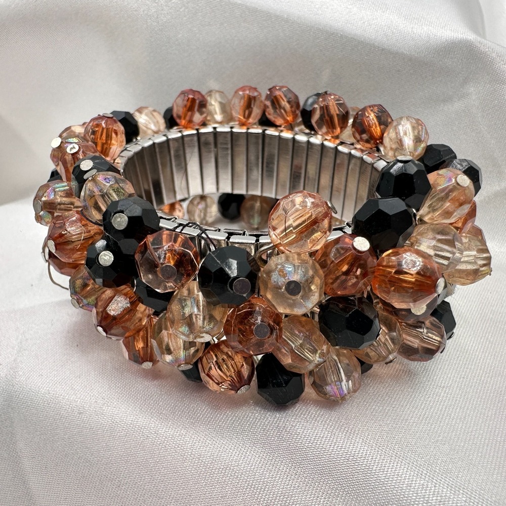 Vintage 90s Silver Tone Beaded Stretch Bracelet Women's Classic Fashion Jewelry